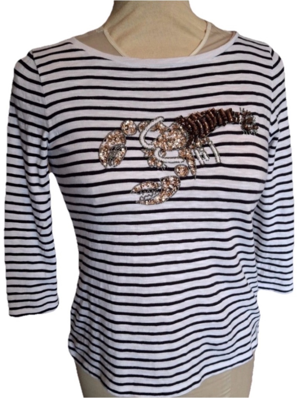 Talbots White and Black Striped Cotton Tee